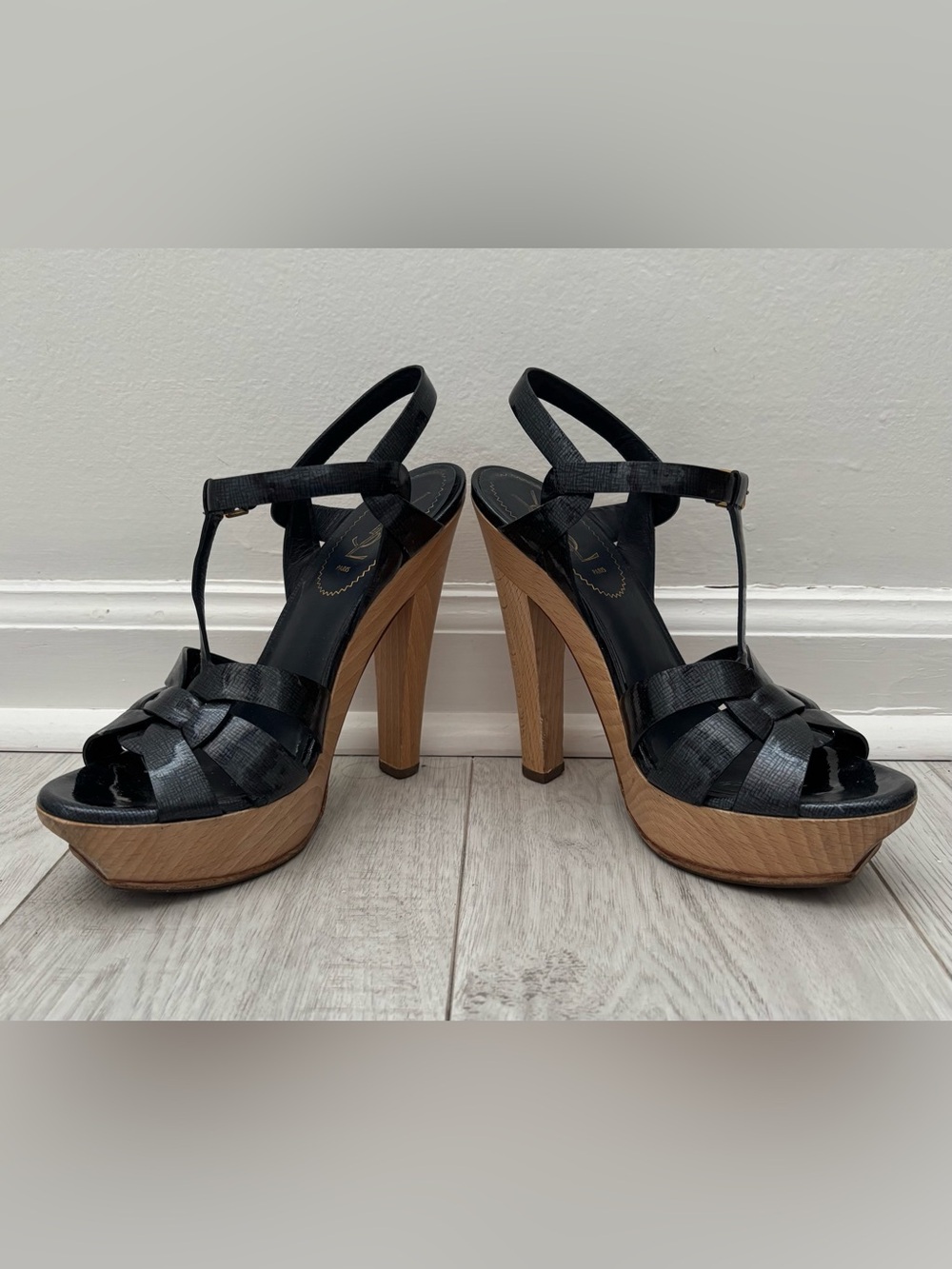 Yves Saint Laurent Navy Blue Patent Tribute Wood Platform Sandals Size 38